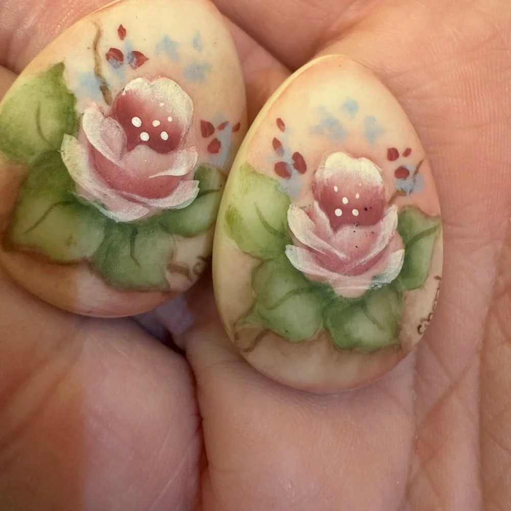 Vintage Hand Painted Pink Rose Egg Shaped Stud Earrings | Floral Jewelry